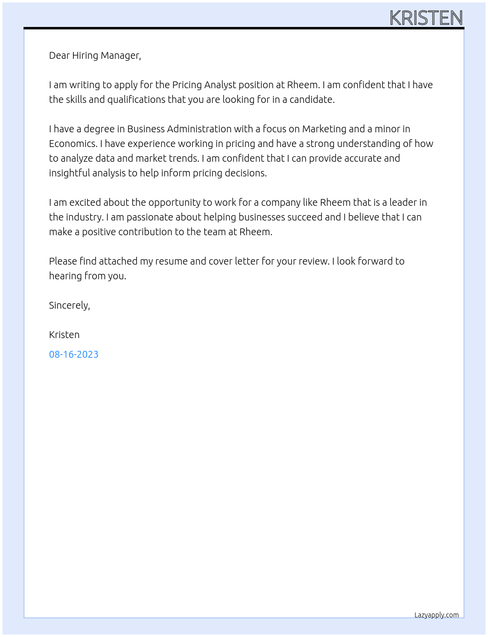 Pricing Analyst At Rheem Cover Letter