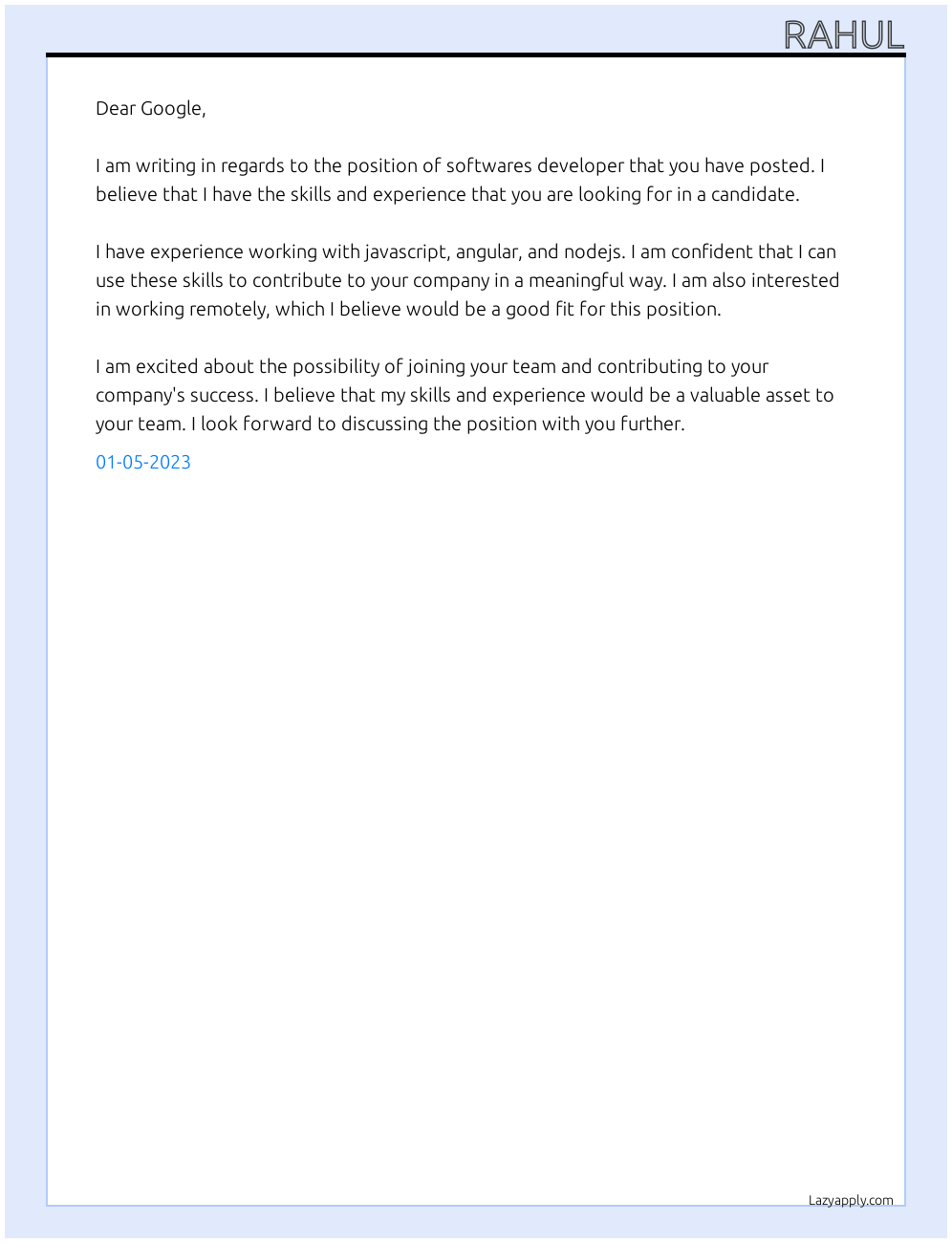 Cover letter for softwares developer - LazyApply