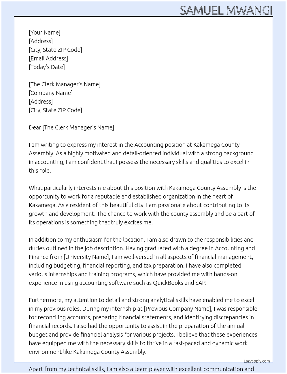 Accounting At Kakamega county assembly, Cover Letter