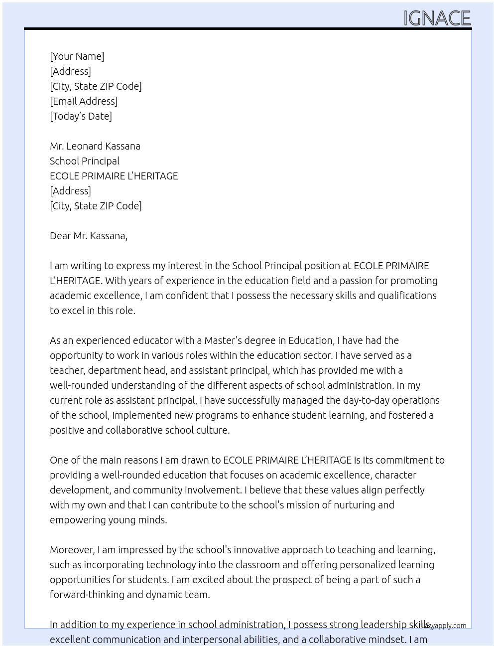 School Principal At ECOLE PRIMAIRE L’HERITAGE Cover Letter