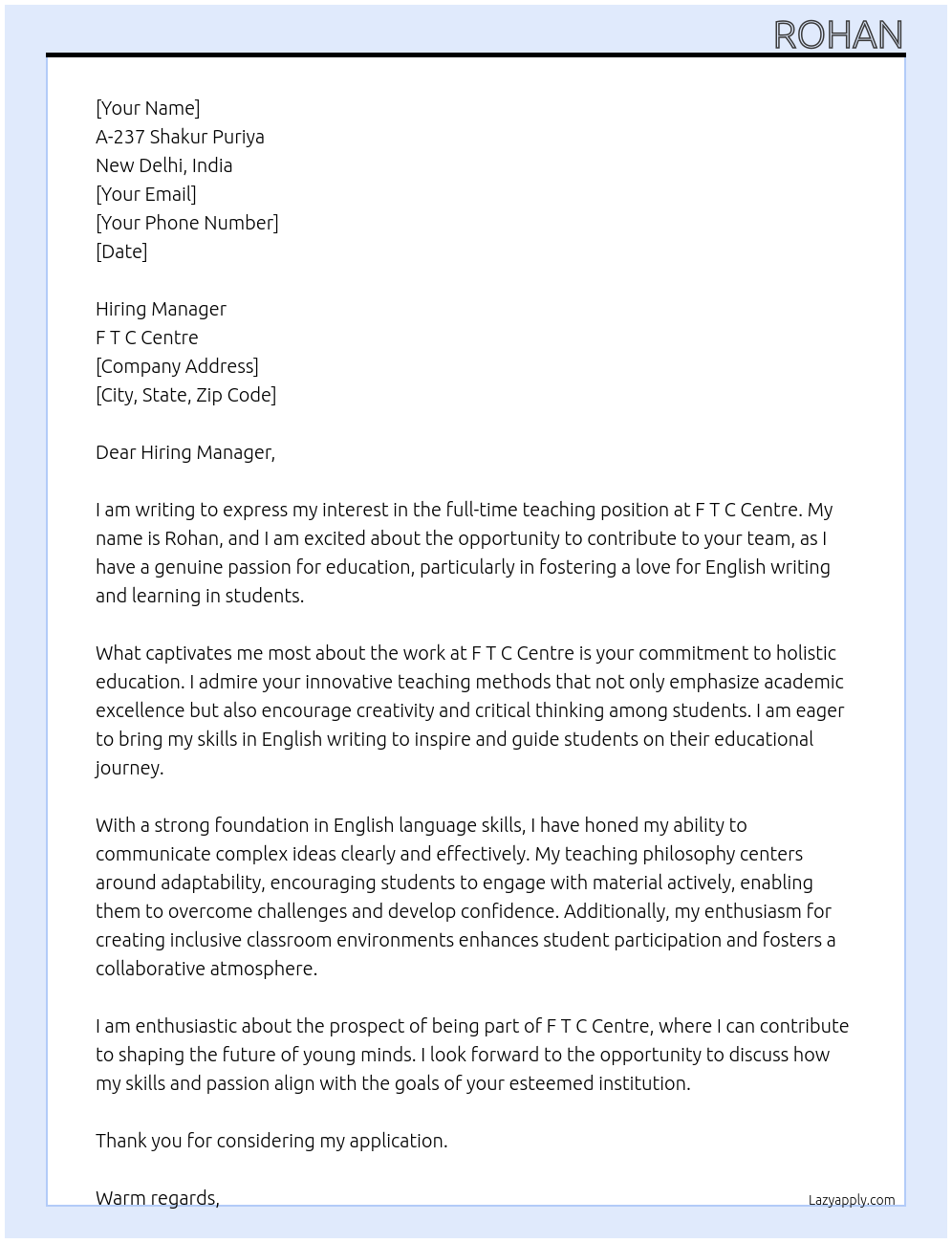 Cover letter for teaching - LazyApply