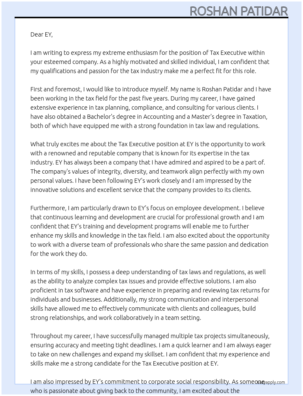 Tax Executive At EY Cover Letter