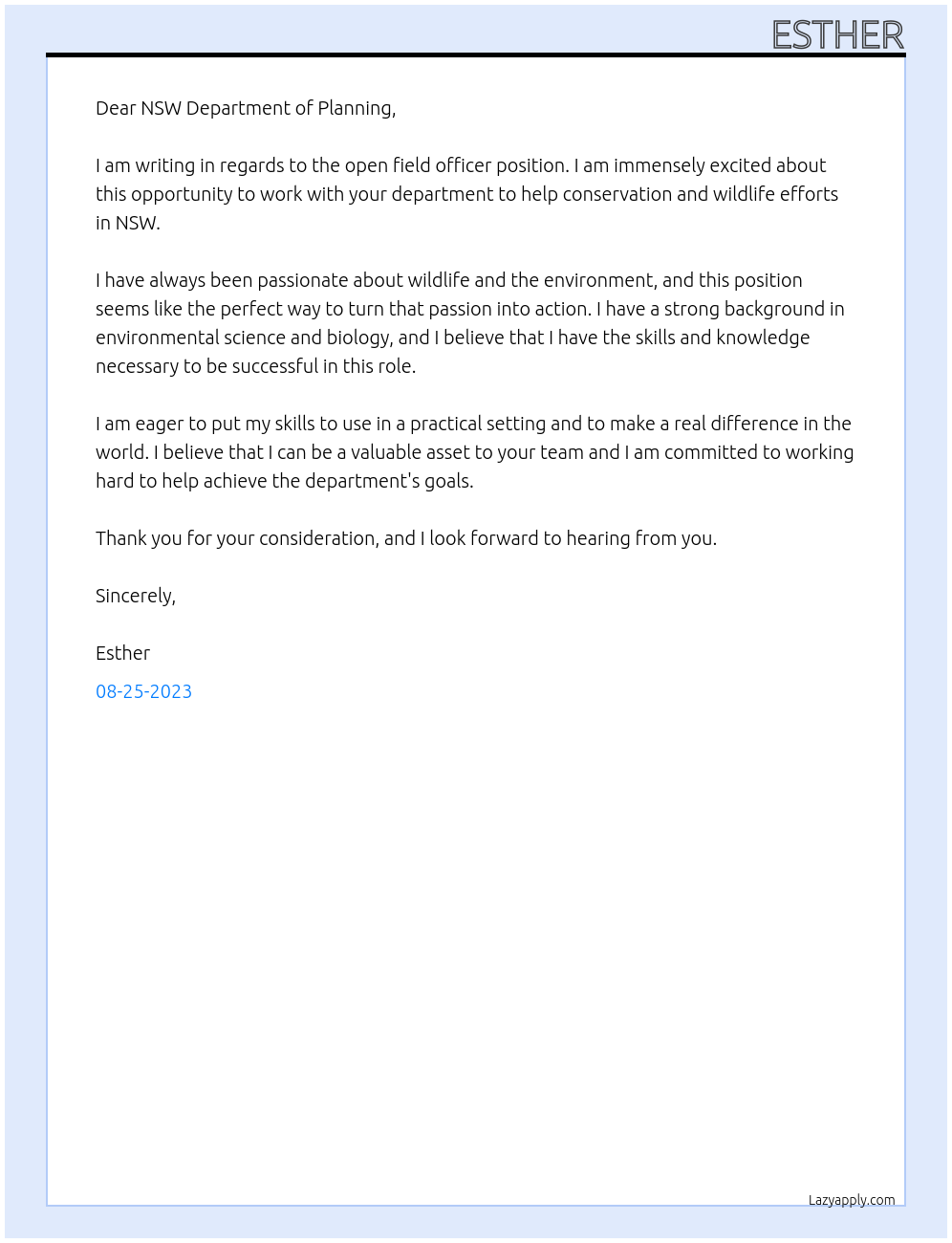 Field officer At NSW department of planning Cover Letter