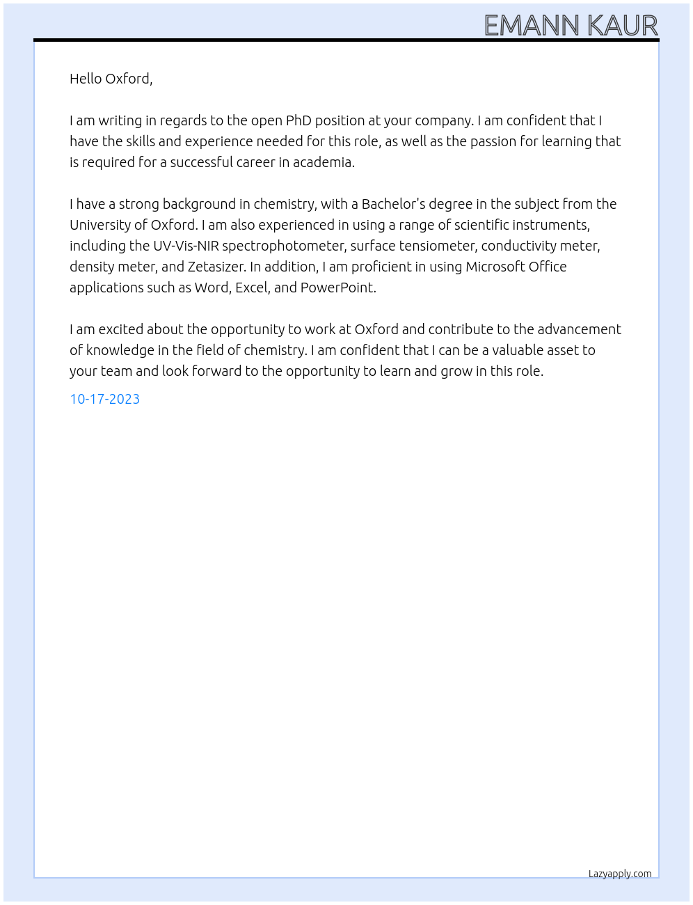 PhD At Oxford Cover Letter