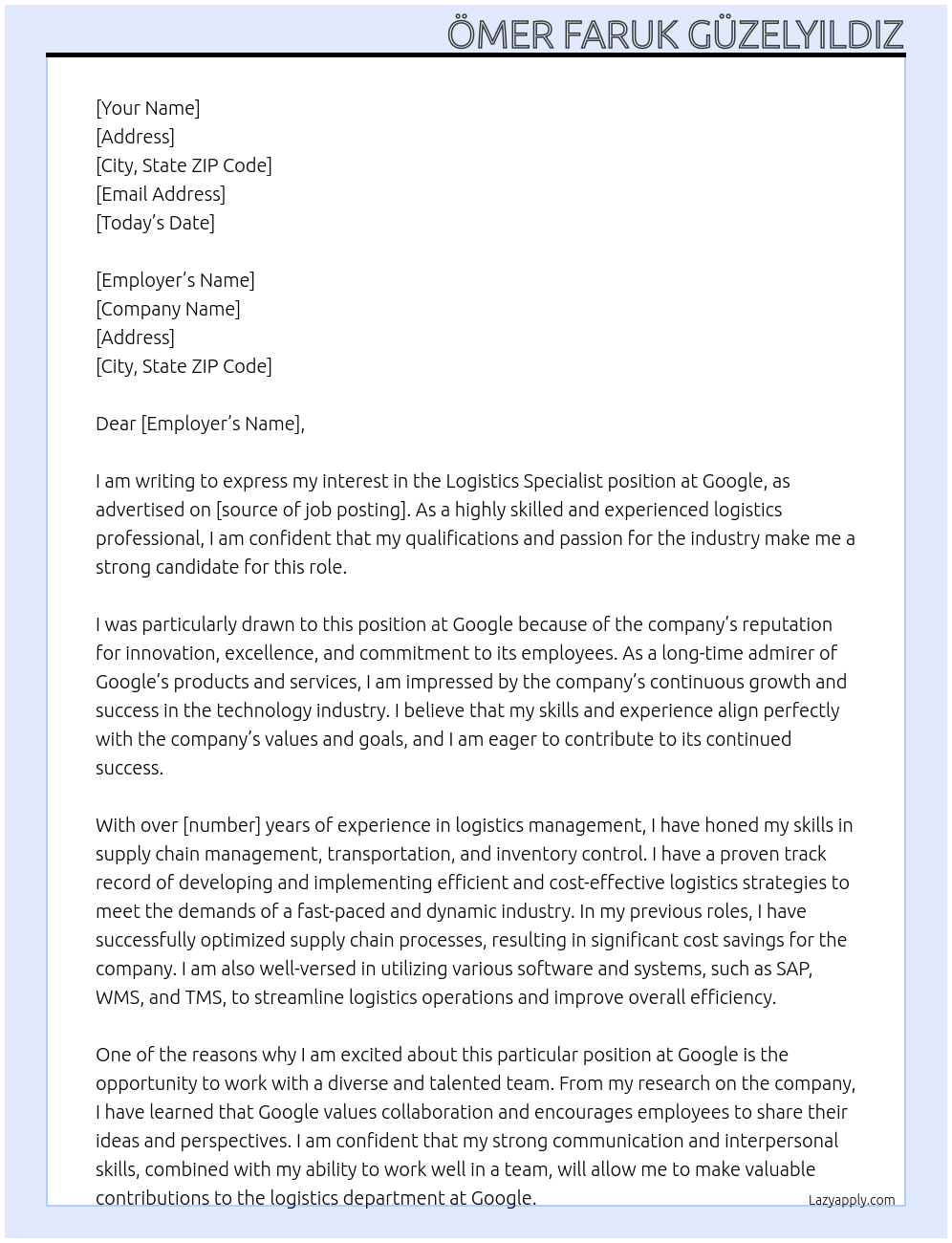 LOGISTICS SPECIALIST At GOOGLE Cover Letter