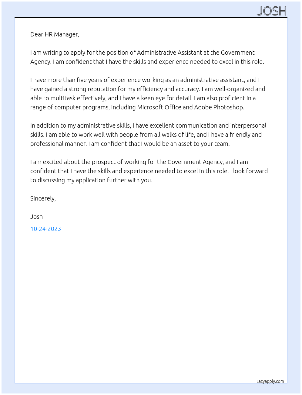 ADMINISTRATIVE ASSISTANT At GOVERNMENT AGENCY Cover Letter