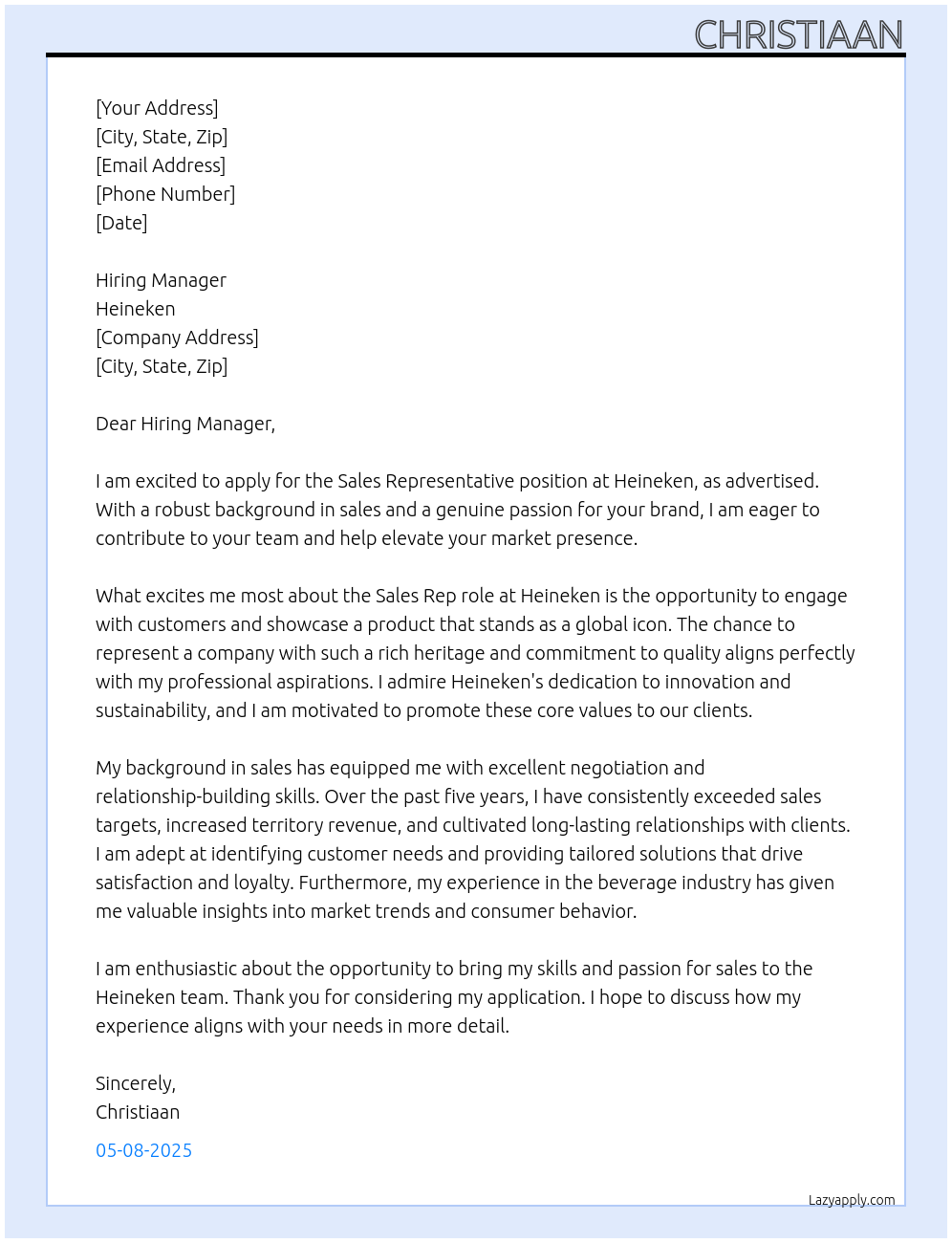 Sales rep At heineken Cover Letter