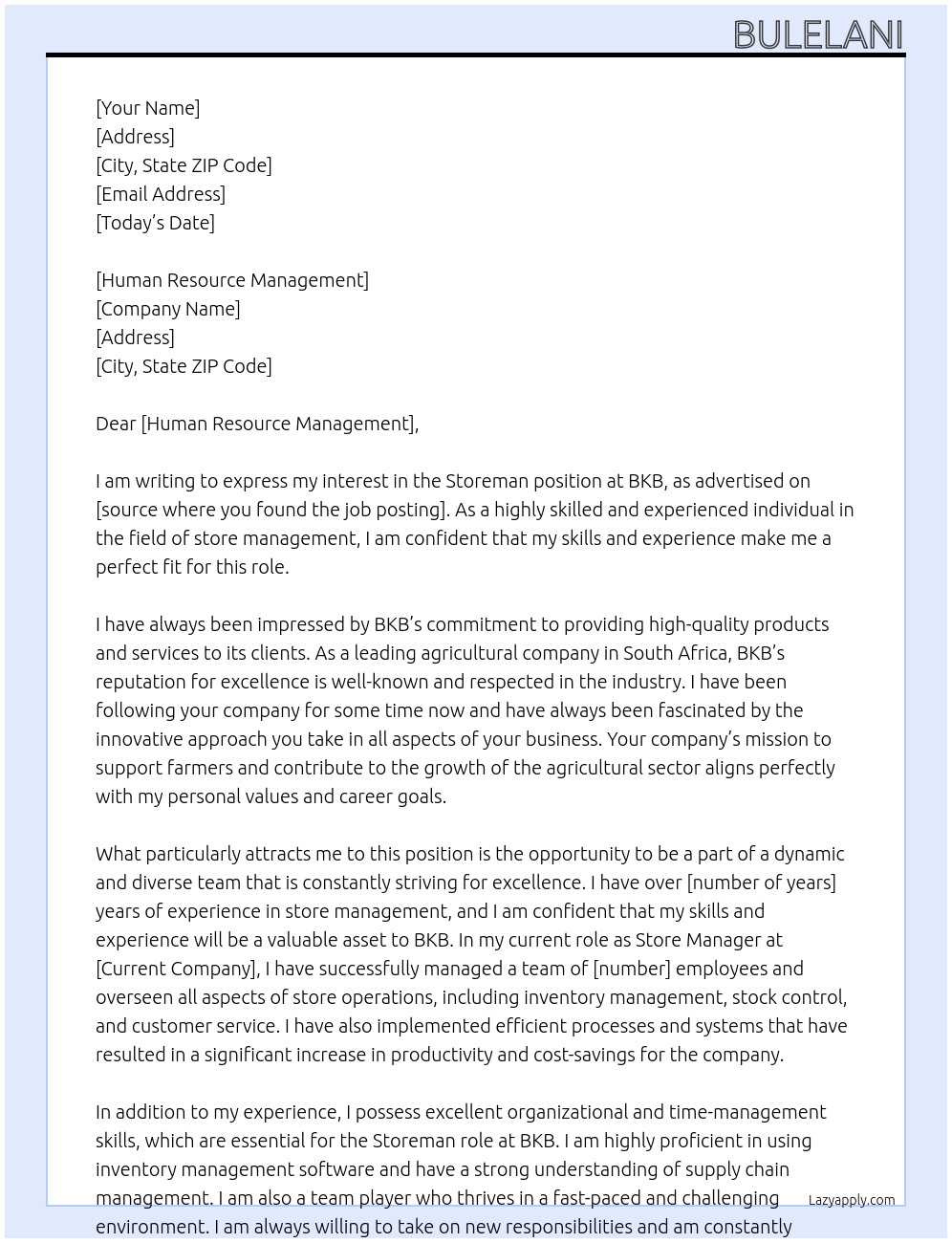 Storeman At BKB Cover Letter