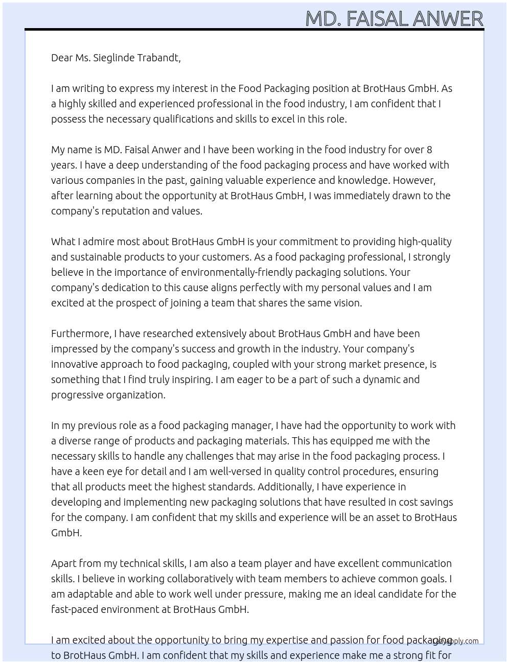 food packaging At BrotHaus GmbH Cover Letter