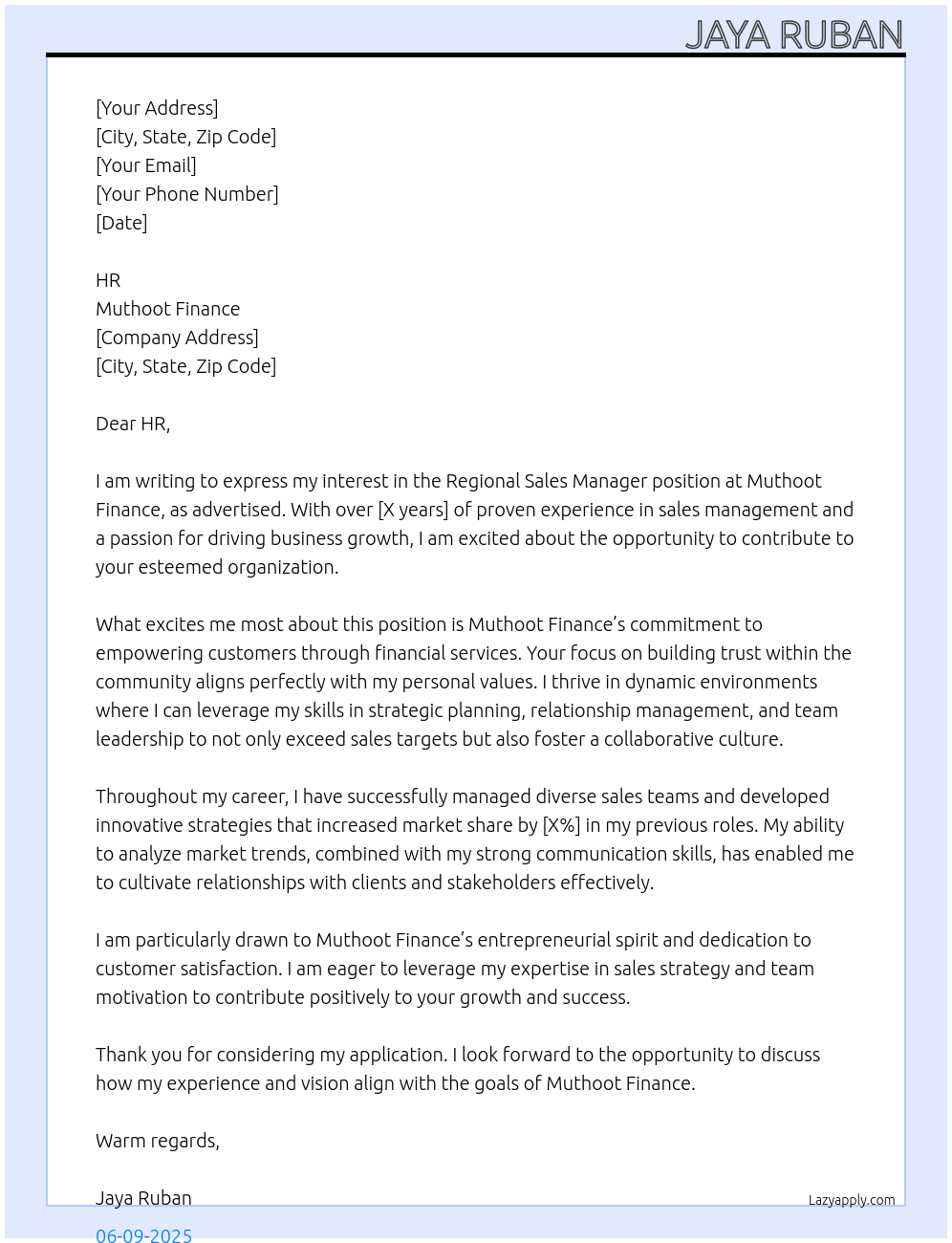 Regional sales manager At Muthoot Finance Cover Letter