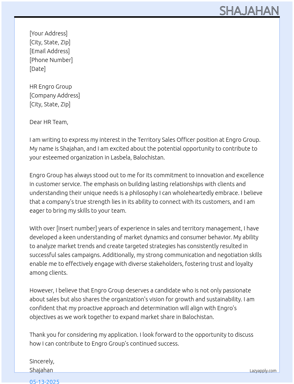 Territory Sales Officer At Engro Group Cover Letter