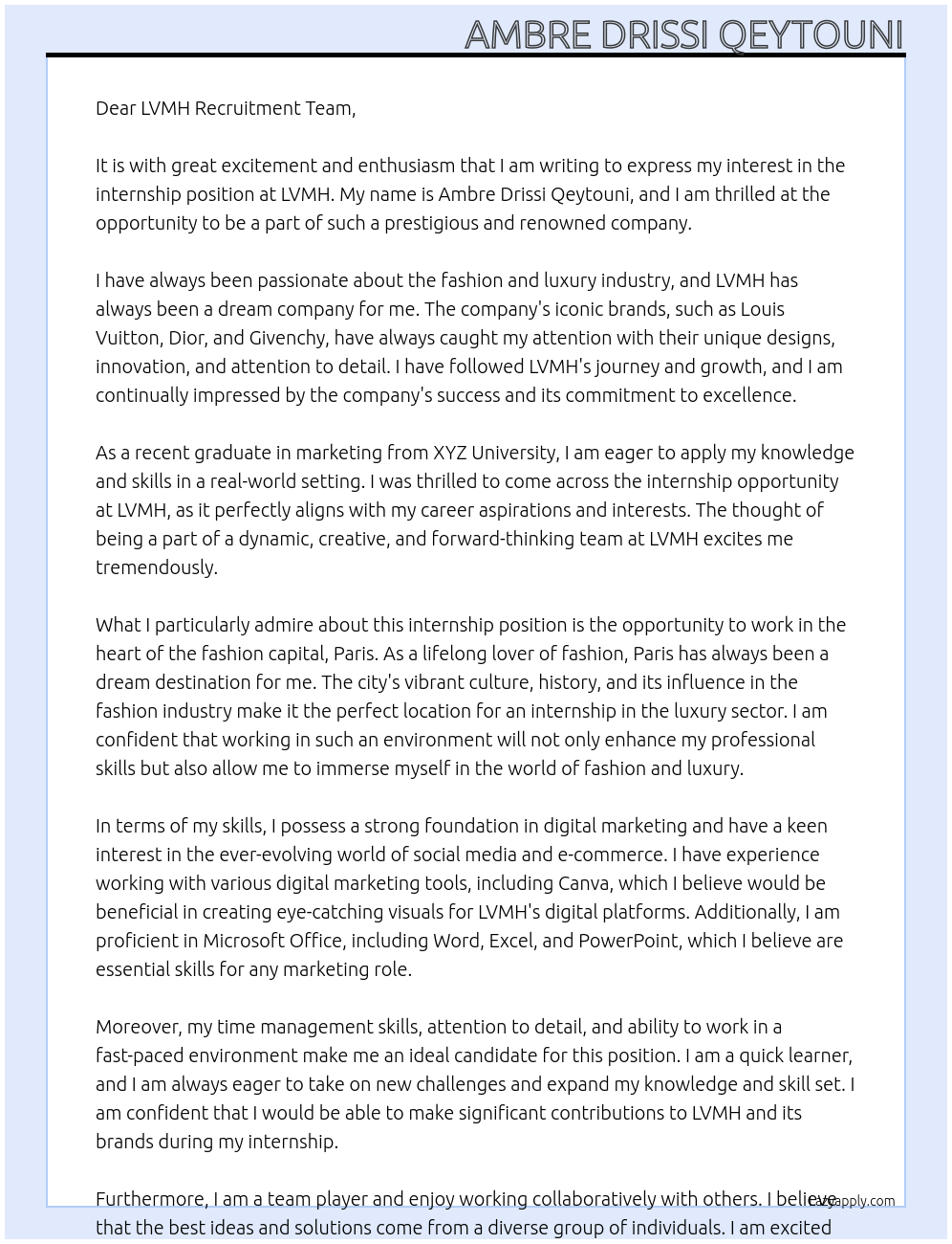 internship At LVMH Cover Letter