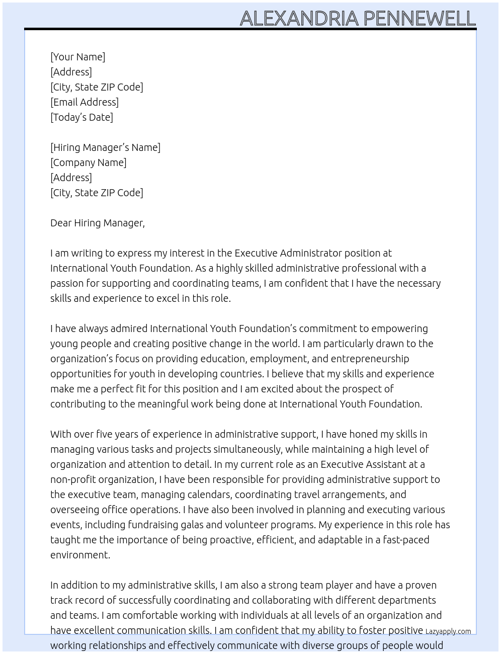 Executive Administrator At International Youth Foundation Cover Letter