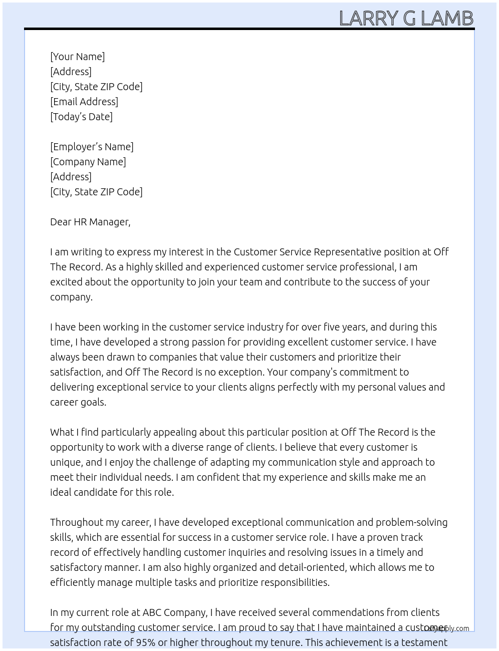 Customer Service Rep At Off The Record Cover Letter