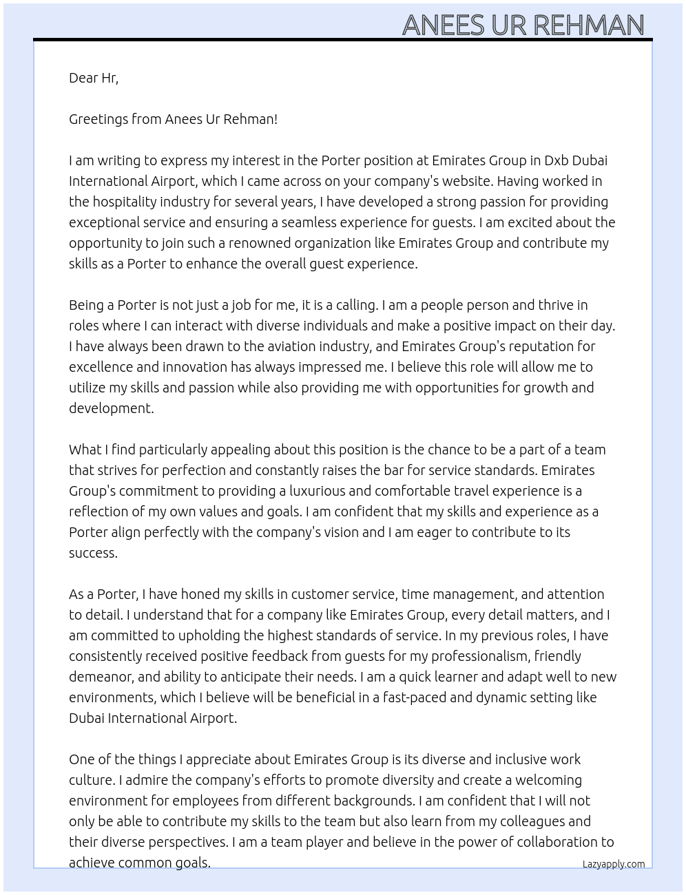 Porter  At Emirates group  Cover Letter