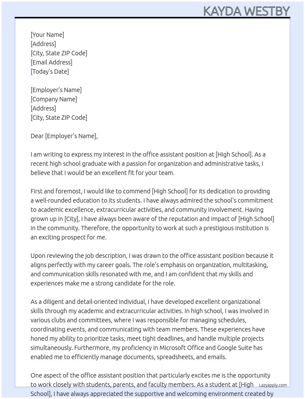 office assistance At high school Cover Letter
