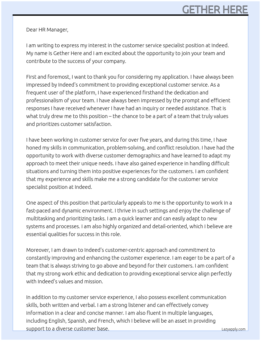 Customer service specialist At Indeed Cover Letter