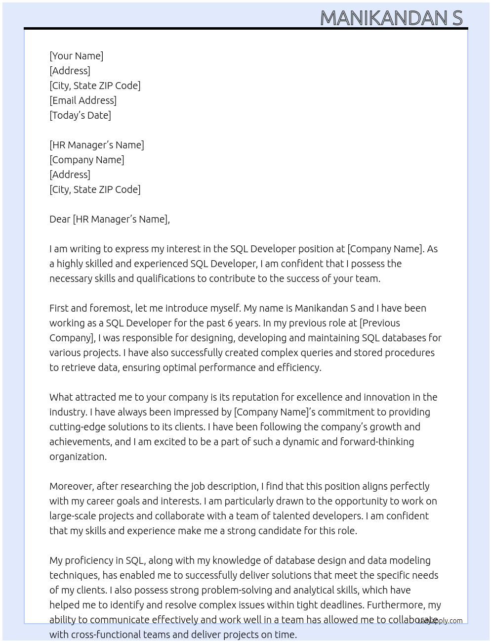 SQL developer At Na Cover Letter