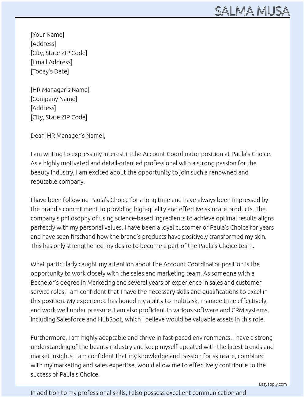 Account Coordinator At Paula's Choice Cover Letter