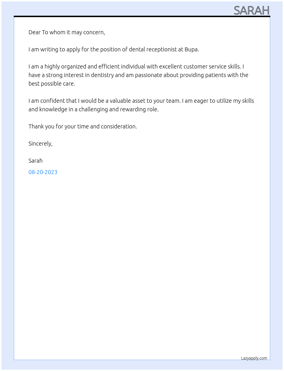 Dental receptionist At Bupa Cover Letter