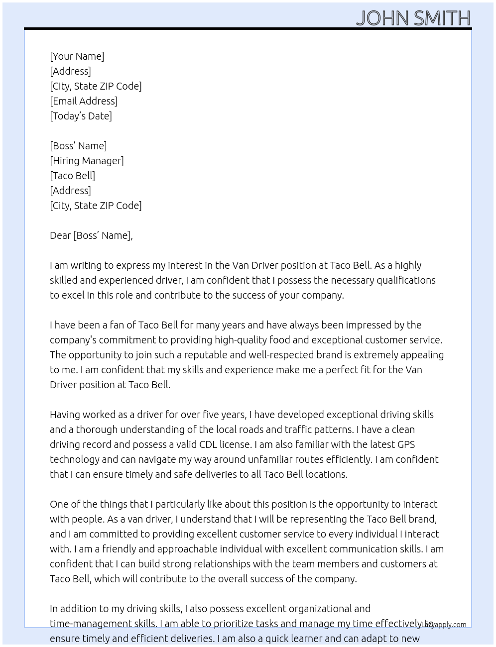 Van Driver At Taco Bell Cover Letter