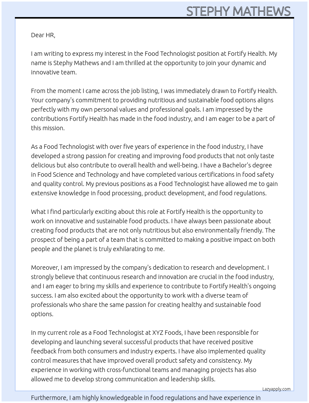 Food Technologist At Fortify health  Cover Letter