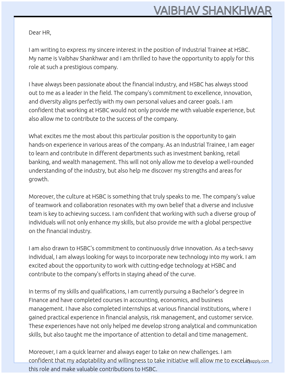 industrial trainee At hsbc Cover Letter