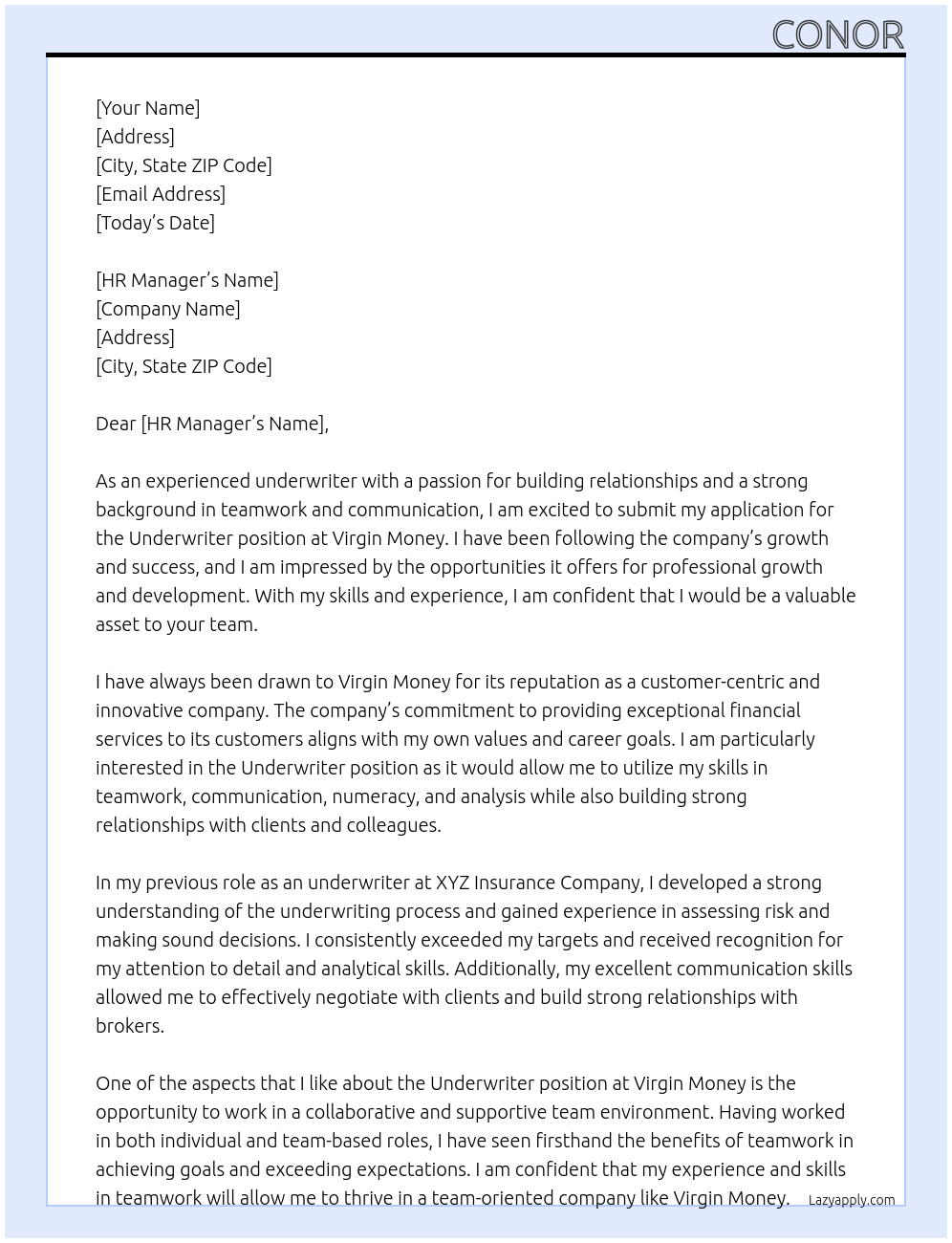 Underwriter At Virgin money Cover Letter