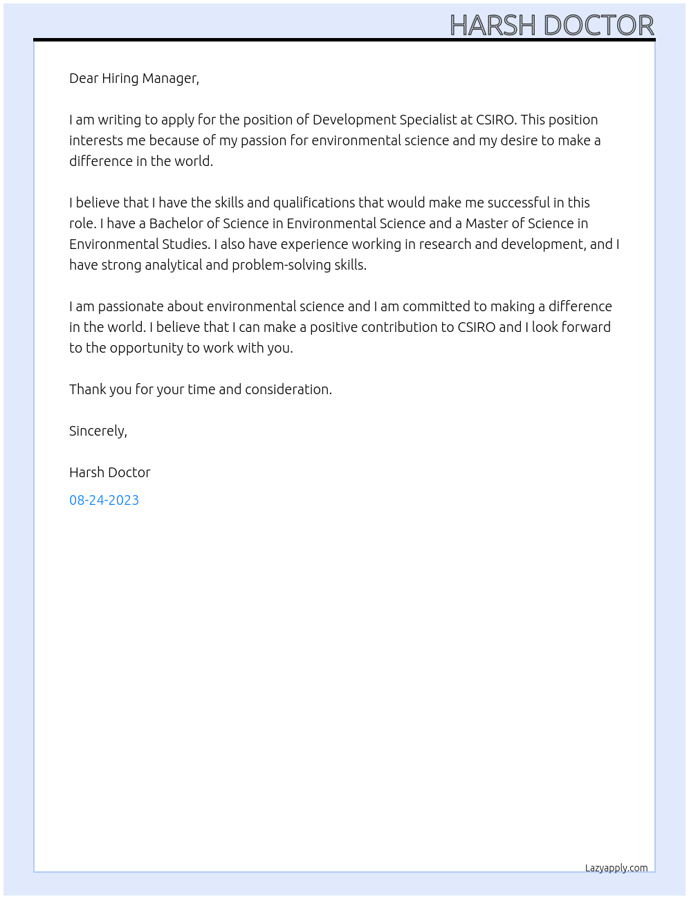 Development Specialist  At CSIRO Cover Letter