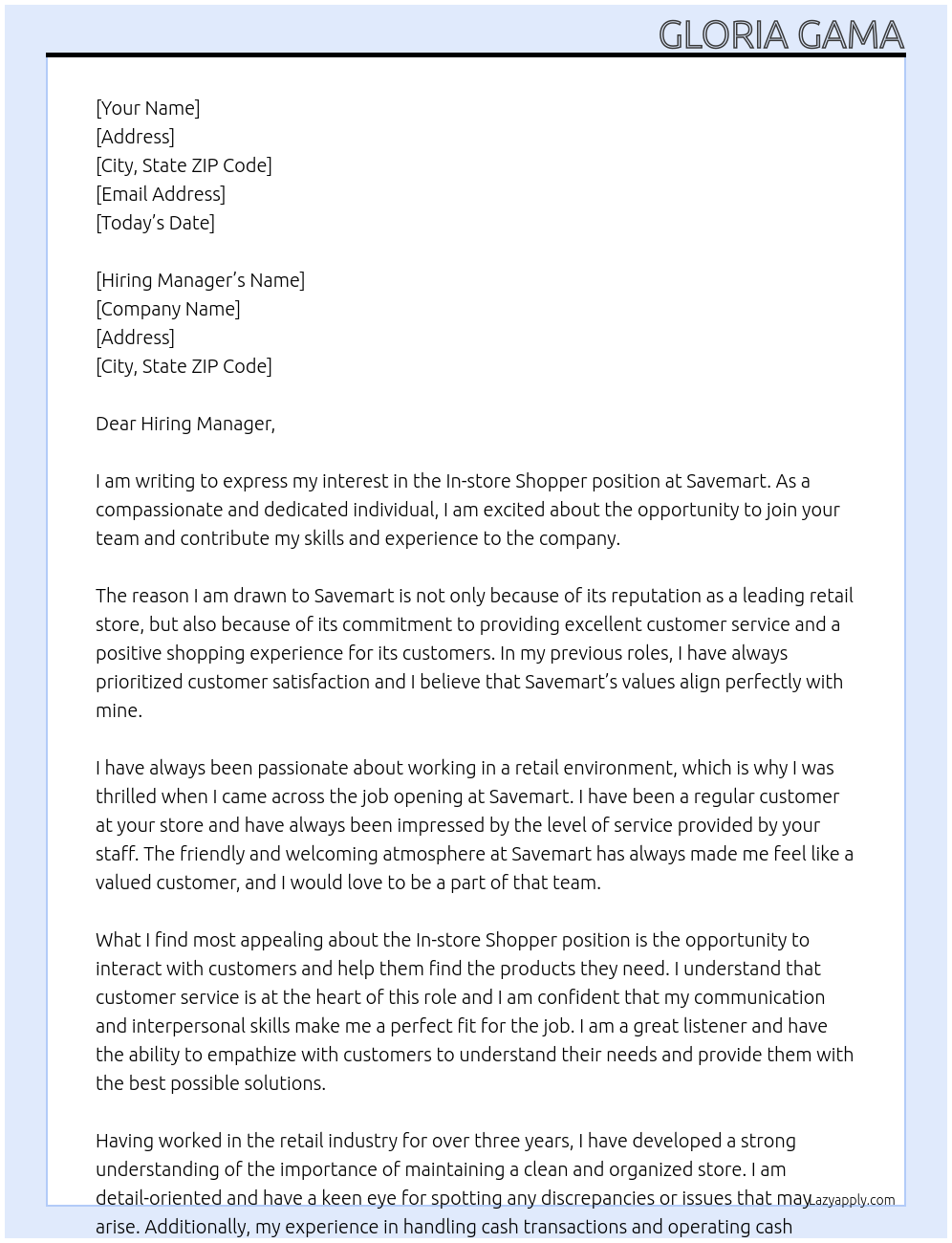 In store shopper At Savemart Cover Letter