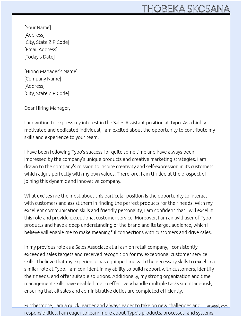 Sales Assistant At Typo Cover Letter