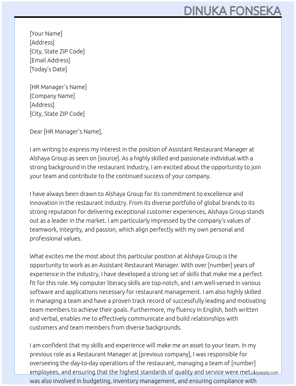 Assistant Restaurant Manager At Alshaya Goup Cover Letter