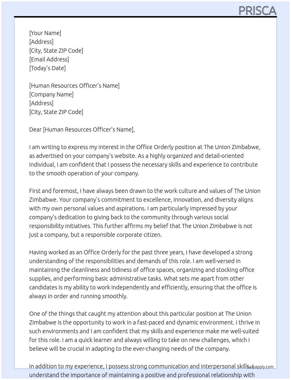 Office orderly At The Union Zimbabwe Cover Letter