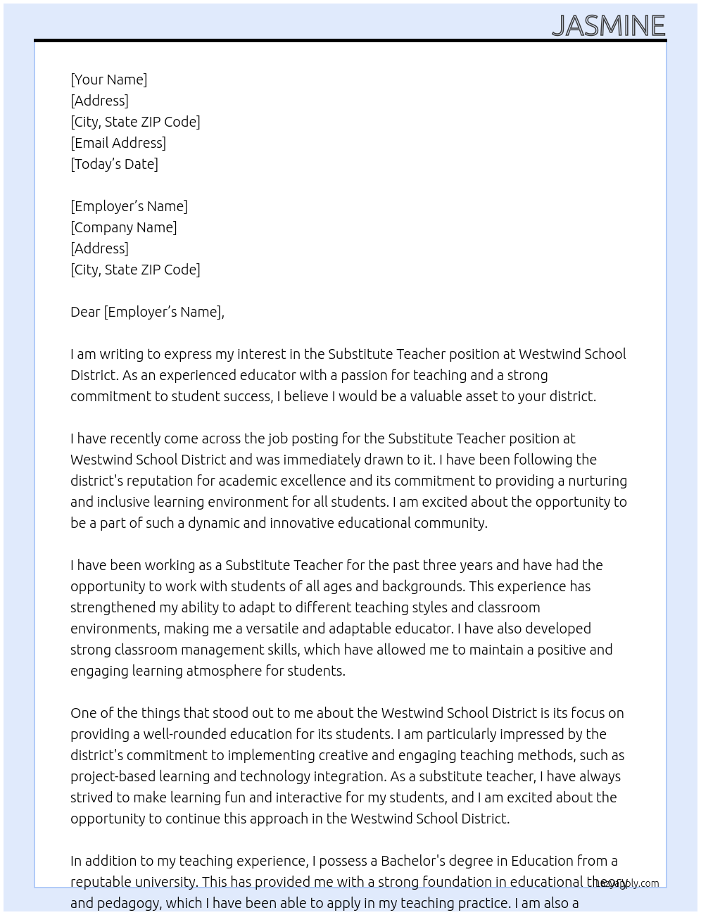 substitute teacher At Westwind School District Cover Letter