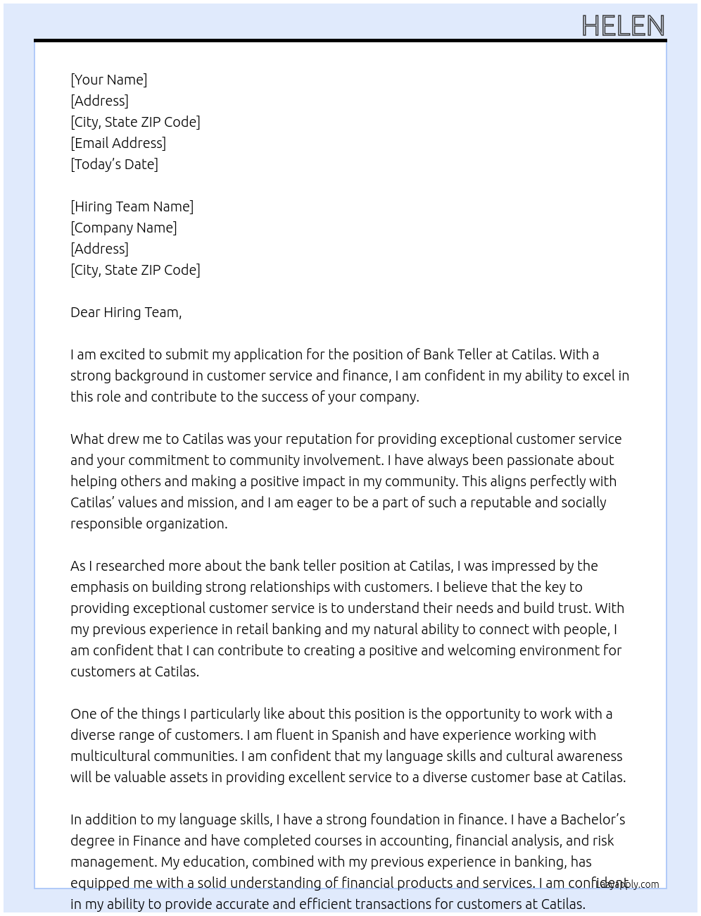 bank teller At catilas Cover Letter