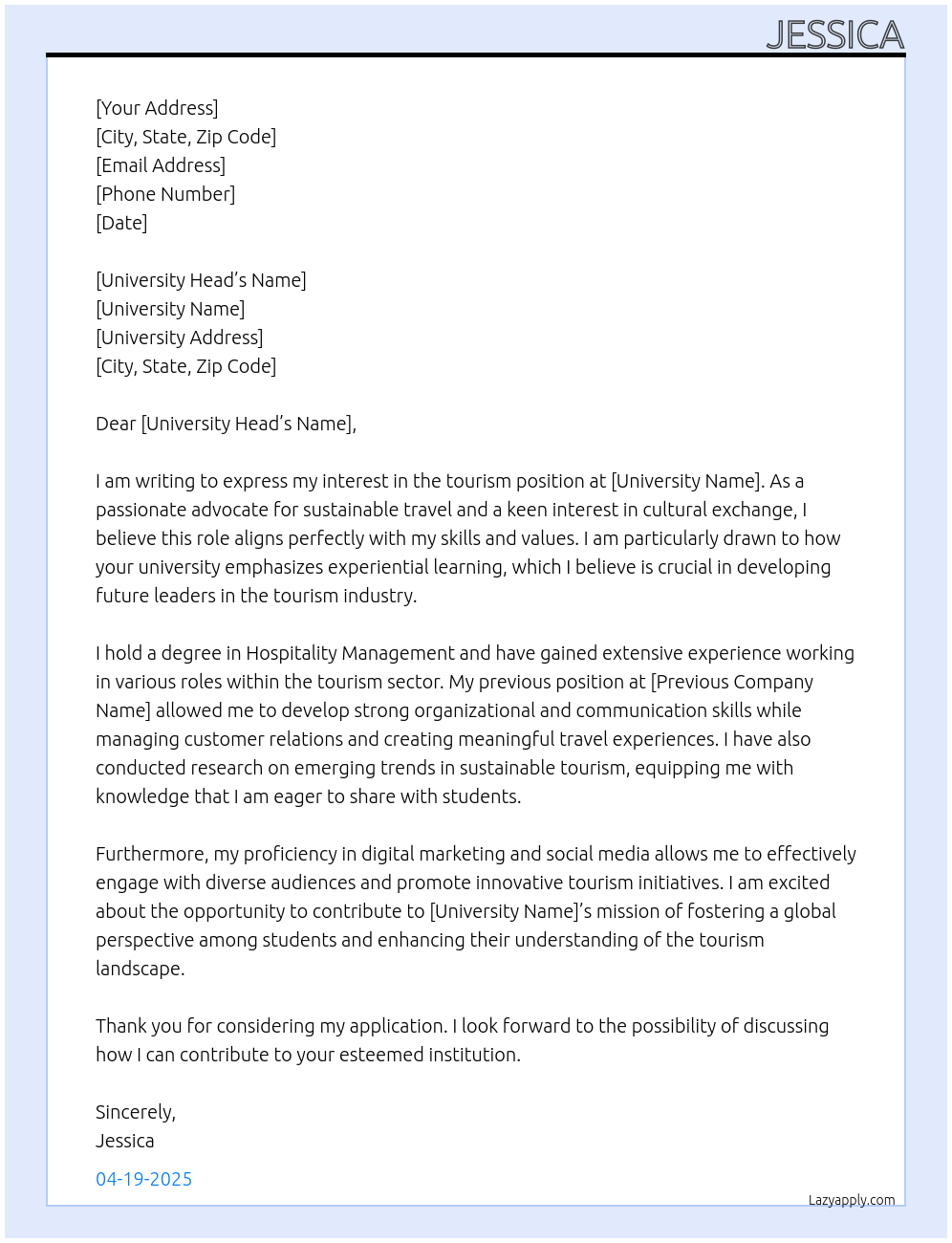 tourism At applying for university Cover Letter