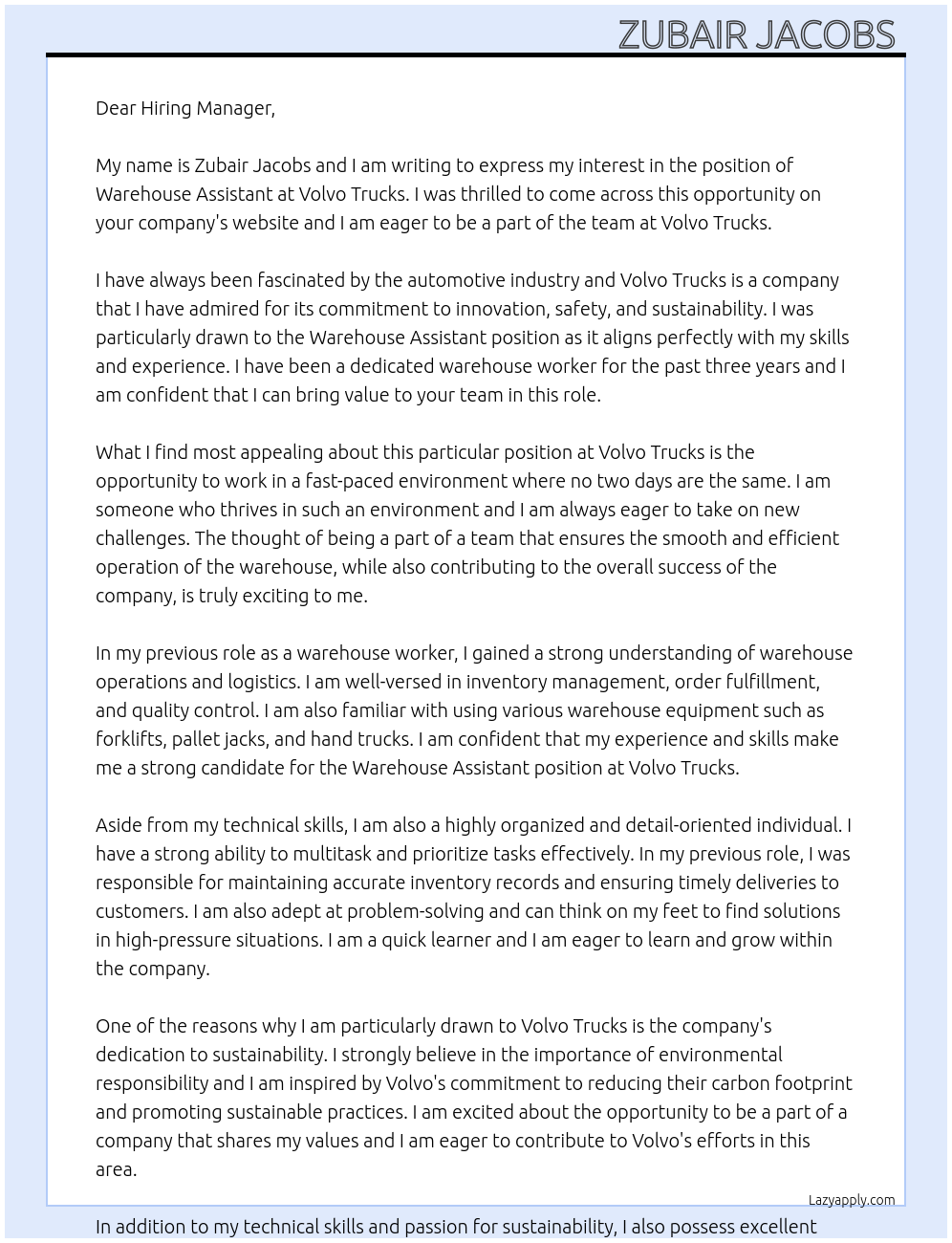Warehouse assistant  At Volvo trucks Cover Letter