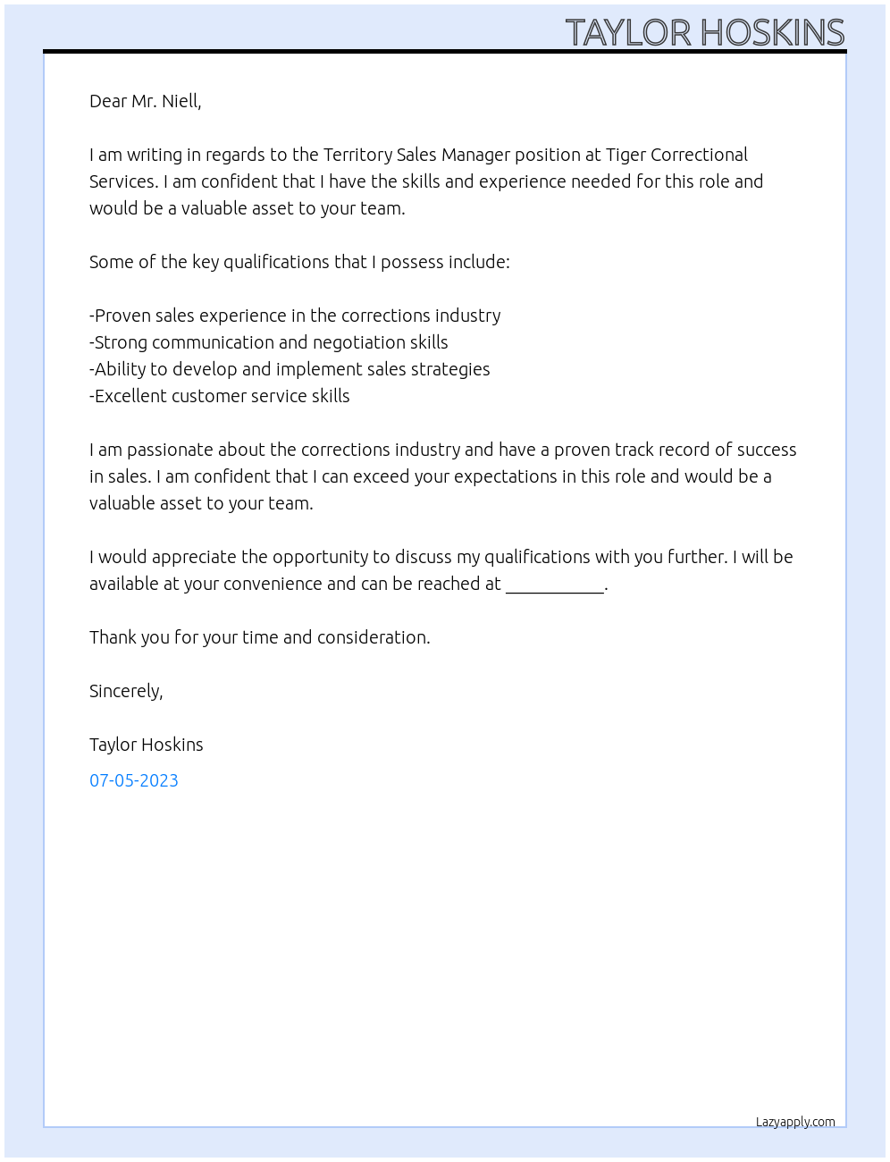 Territory Sales Manager At Tiger Correctional Services Cover Letter