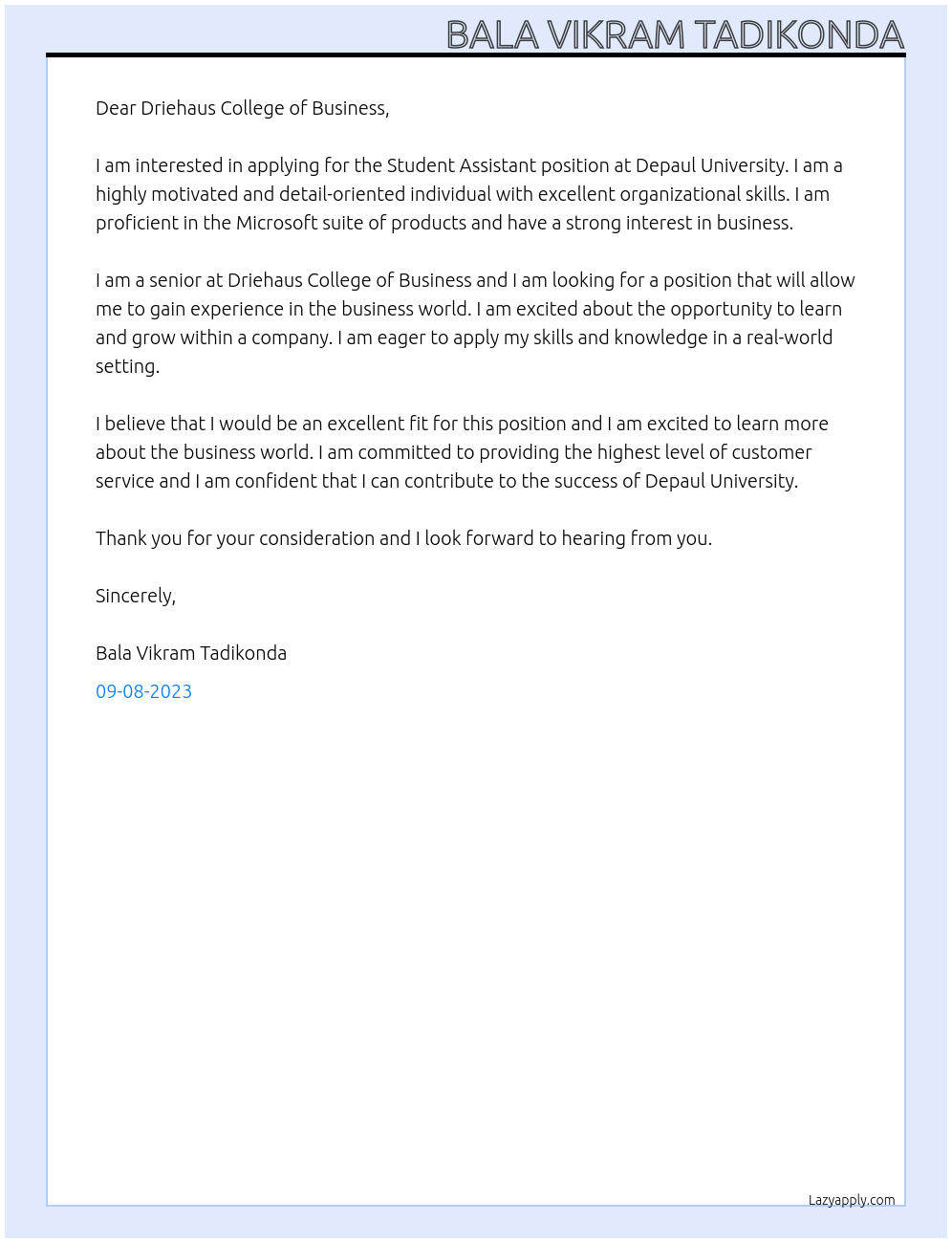 Student Assistant At Depaul University Cover Letter