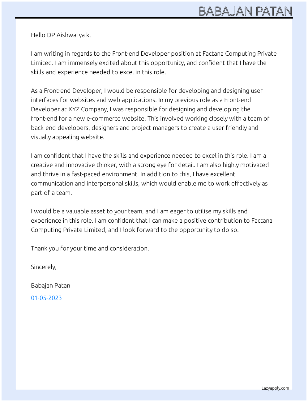 Front-end Developer At Factana Computing Private Limited Cover Letter