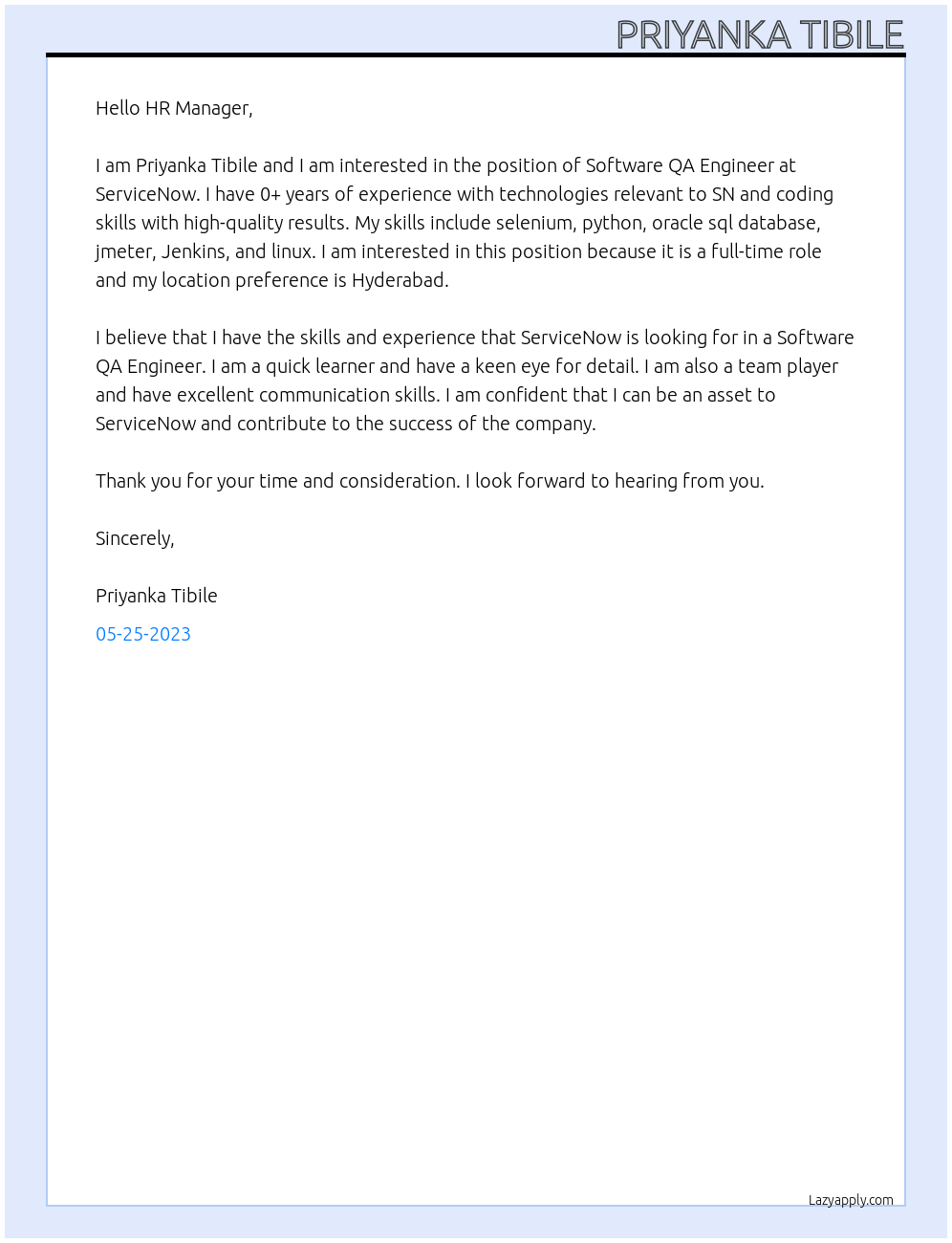 Software QA Engineer At ServiceNow Cover Letter