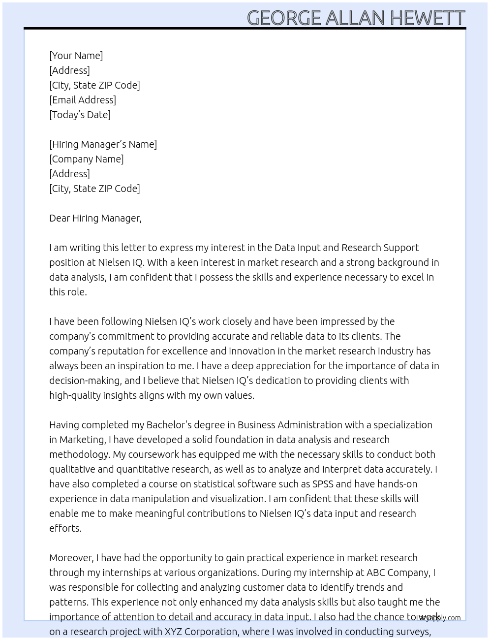 Data Input and Research Support At Nielsen IQ Cover Letter