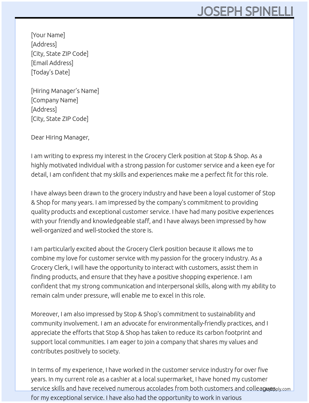 Grocery Clerk At Stop & Shop Cover Letter