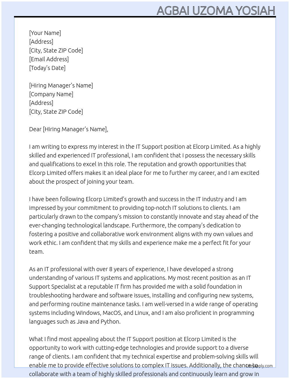 IT Support At Elcorp Limited Cover Letter