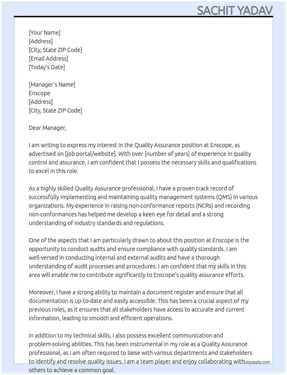 Quality Assurance At Enscope Cover Letter