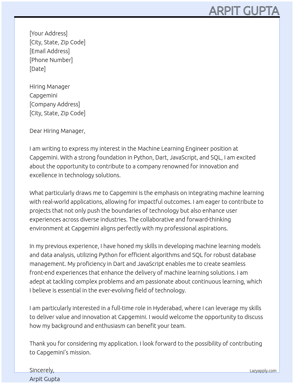 Machine learning engineer At Capgemini Cover Letter