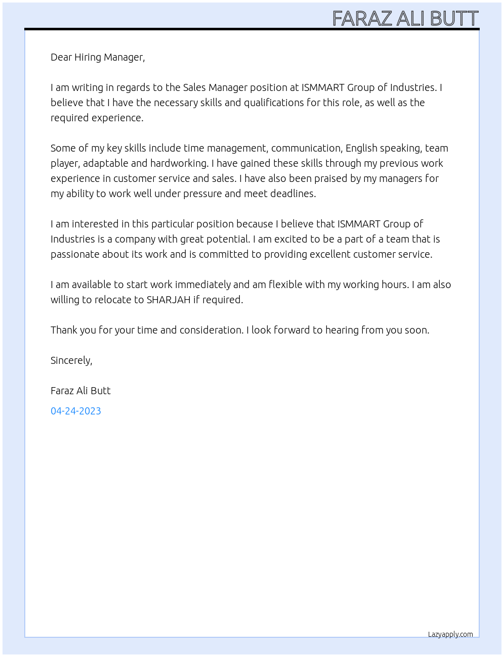 Sales Manager At ISMMART Group of Industries Cover Letter