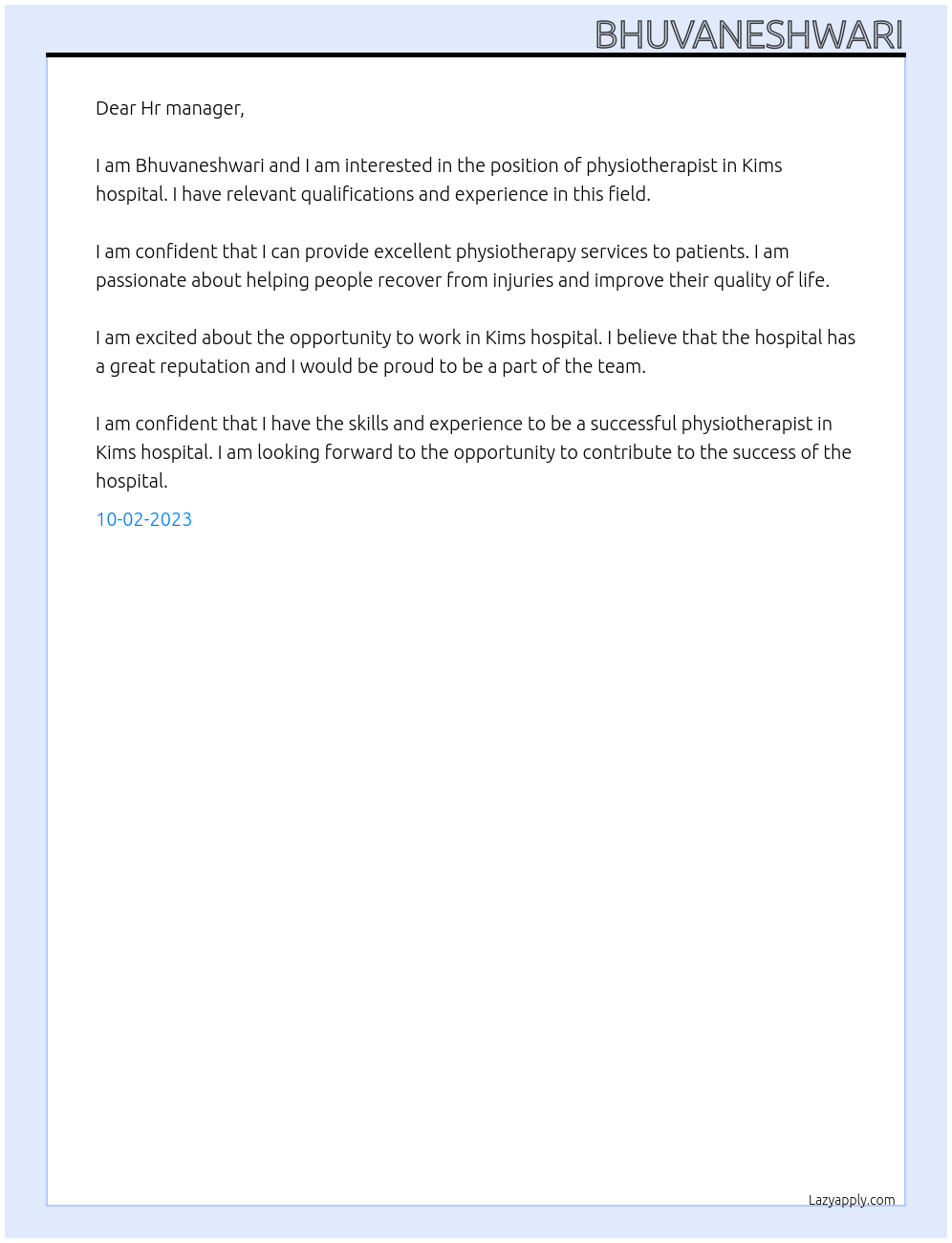 Physiotherapist At Kims hospital Cover Letter