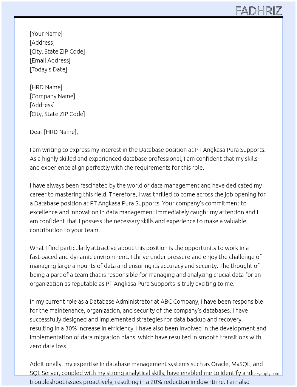 Cover letter for database - LazyApply