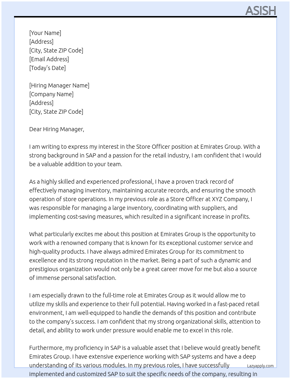 Store officer At Emirates Group Cover Letter